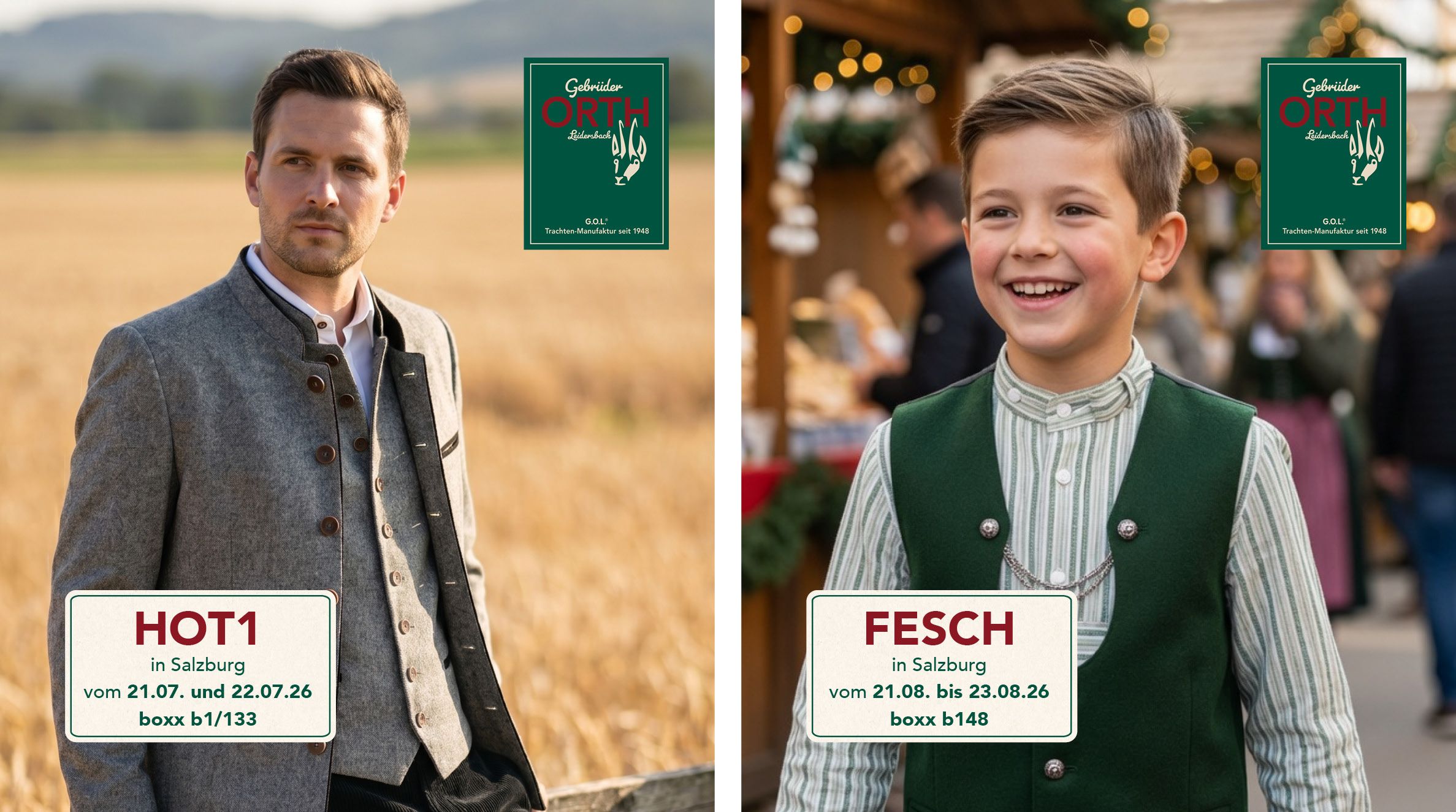 Ein Mann und ein Junge in traditioneller Tracht, Ankündigung für Trachtenmesse – Hot und Fesch in Salzburg.